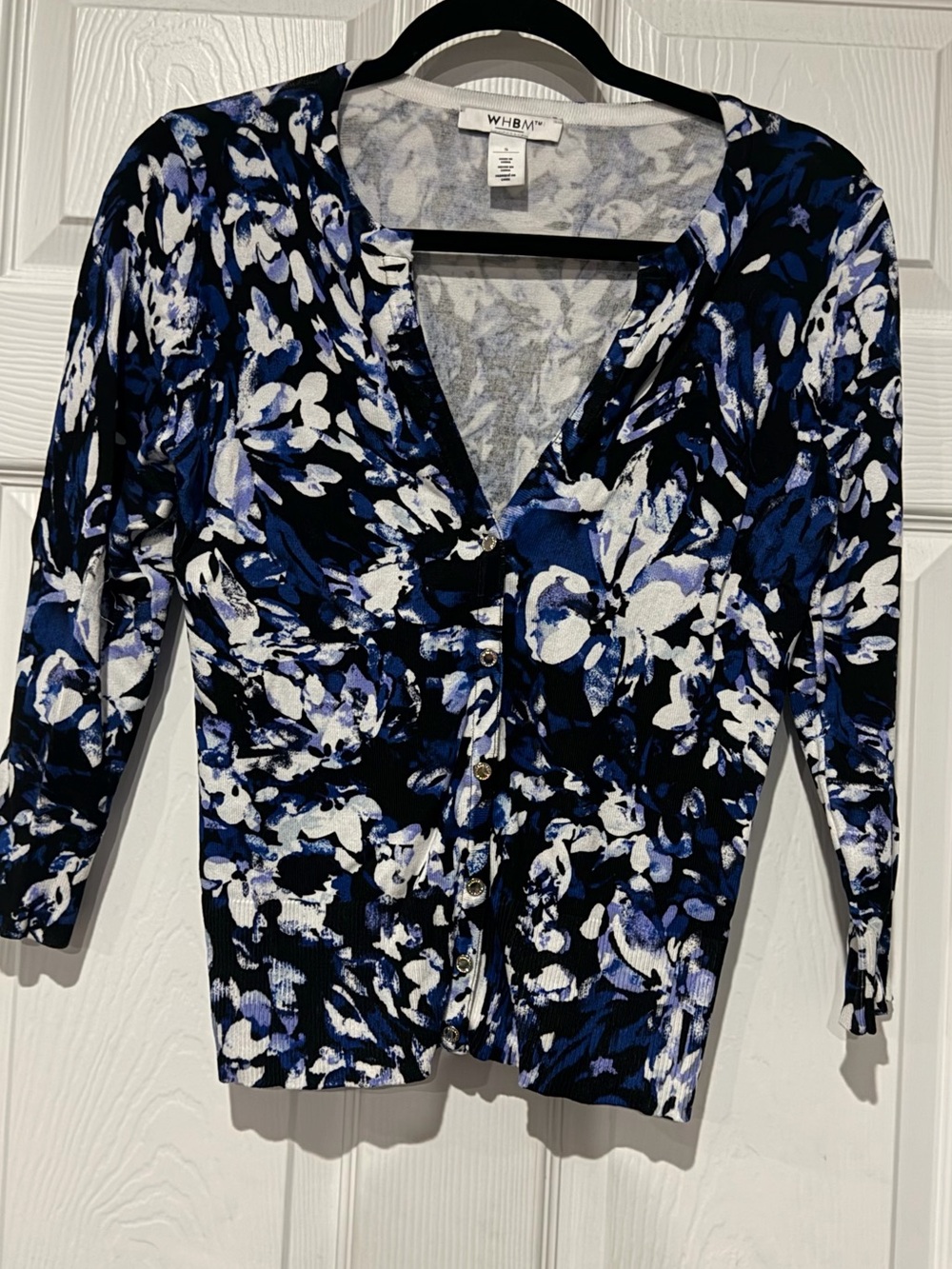 White House Black Market Blue and White Floral Button Cardigan